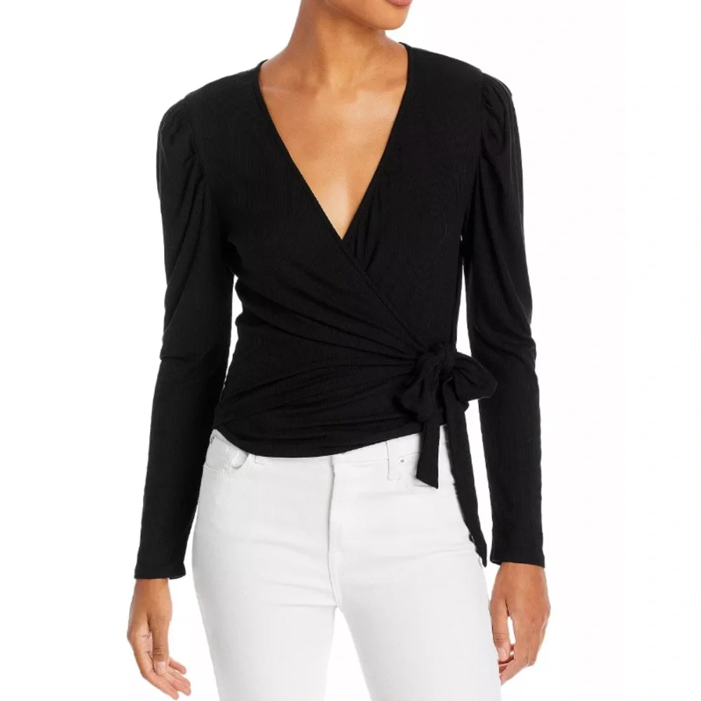 NWT Aqua Bloomingdale’s Women’s Wrap Puff Sleeve Ribbed Top NEW WITH TAGS